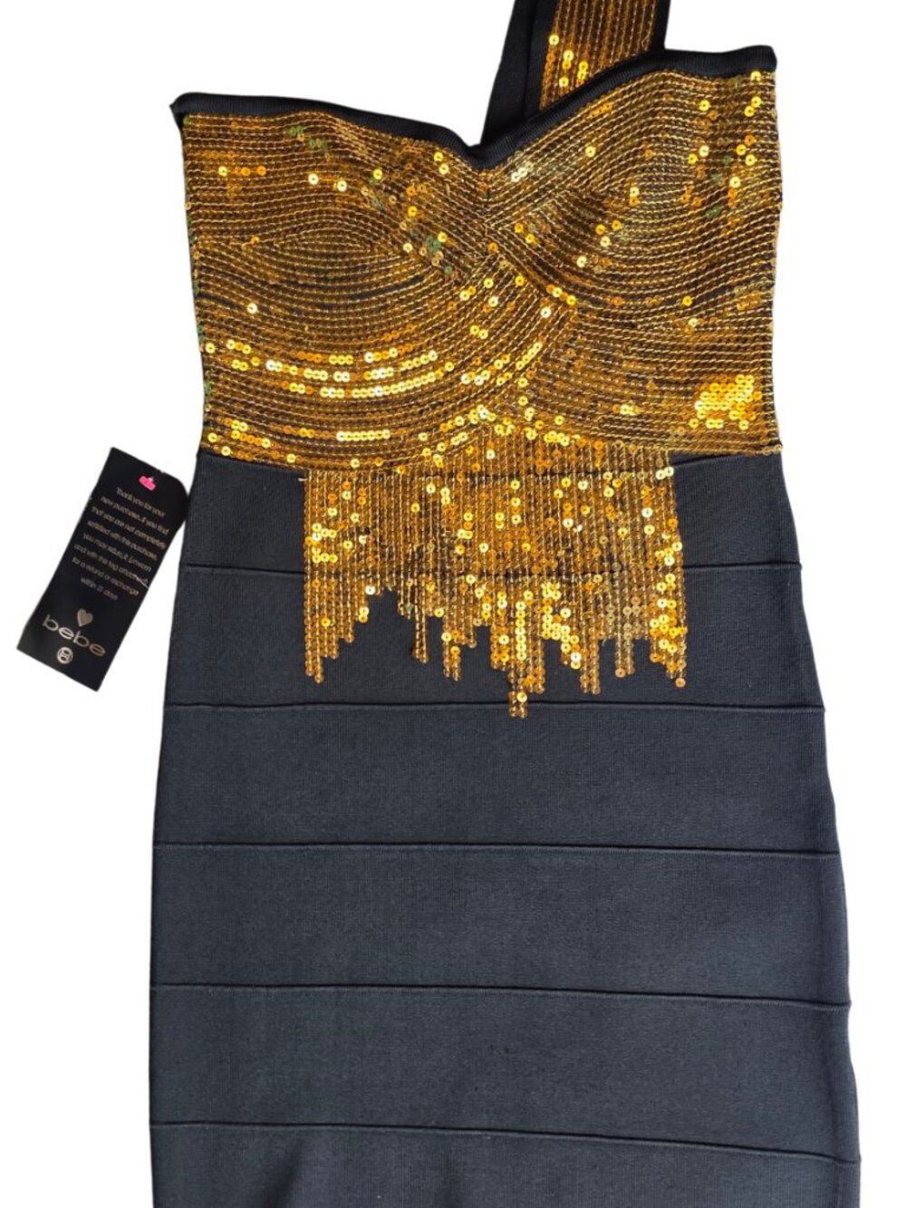 BEBE Sequined Dress Black and Gold Size M